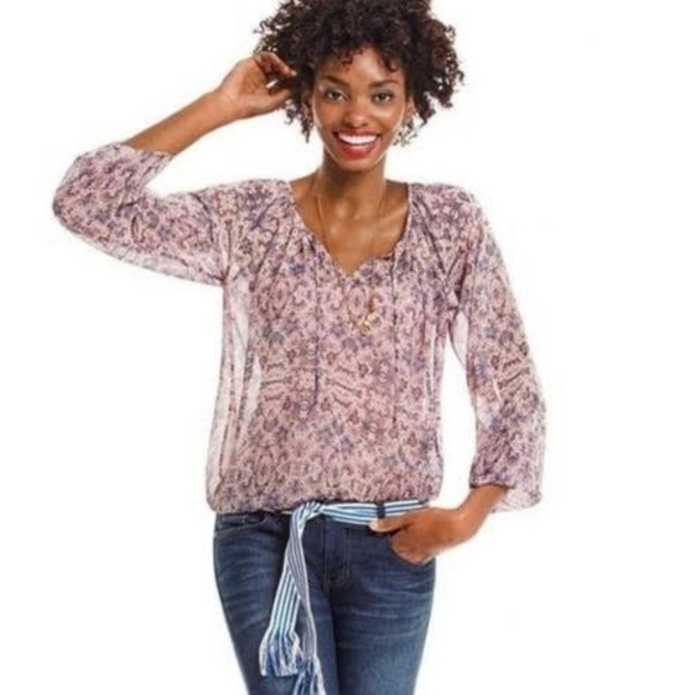 Cabi Sienna Floral Peasant Blouse Style #5028 Boho Chiffon Romantic Flowy Size S